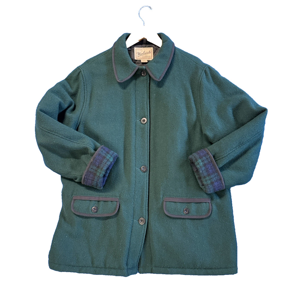 Vintage Woolrich Coat Women’s Large Green Button Up Quilted USA made Jacket Wool